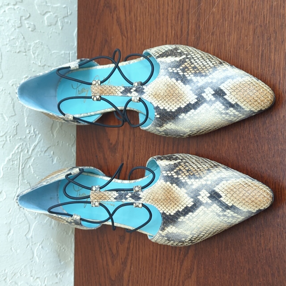 Thierry Rabotin Snakeskin Pointed Toe Flats with Blue Insole